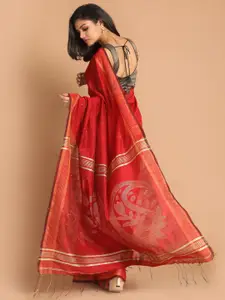 Indethnic Red & Gold-Toned Floral Sequinned Jamdani Saree