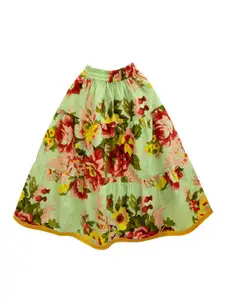 A.T.U.N. Girls Sea Green & Pink Ready to Wear Pure Cotton Lehenga & Blouse With Dupatta