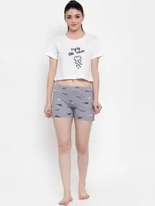 Claura Women Grey & White Printed Pure Cotton Night suit