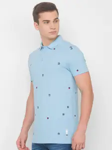 SPYKAR Men Blue Printed Polo Collar Pockets Slim Fit T-shirt