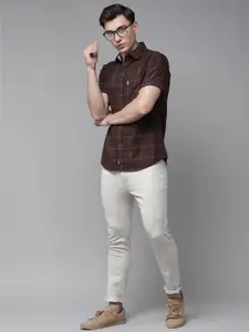 U.S. Polo Assn. U S Polo Assn Men Burgundy Tailored Fit Windowpane Checks Casual Shirt