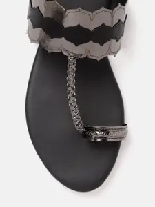 Anouk Women Gunmetal-Toned & Black One Toe Flats with Braided Detail