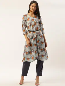 Sangria Women Blue & Yellow Floral Printed Kurta
