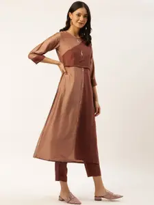 Sangria Women Brown Keyhole Neck Flared Sleeves Thread Work Kurta