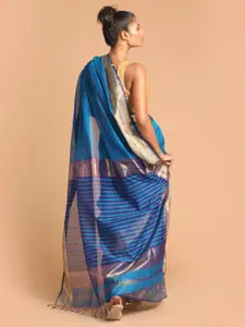 Indethnic Blue & Gold-Toned Zari Silk Cotton Maheshwari Saree