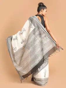 Indethnic Black & Grey Ethnic Motifs Block Print Pure Cotton Saree