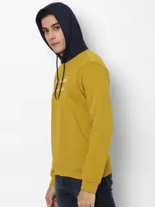 Allen Solly Men Mustard Yellow Printed Pure Cotton Hooded Sweatshirt