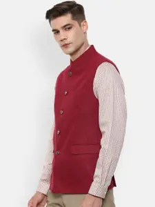 Van Heusen Men Maroon Woven Design Nehru Jacket