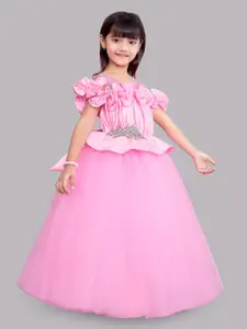 Pink Chick Pink Off-Shoulder Satin Maxi Dress