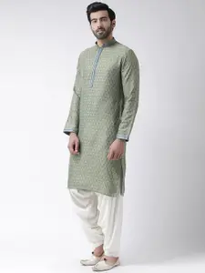 KISAH Men Green & Grey Ethnic Motifs  Woven Design Straight Kurta