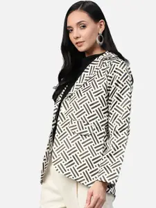 Jompers Women Cream-Coloured & Black Printed Single-Breasted Casual Blazer