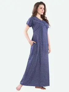 Piu Women Blue Printed Pure Cotton Maxi Maternity Night Dress