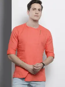 The Indian Garage Co Men Coral Solid Angrakha Straight Kurta