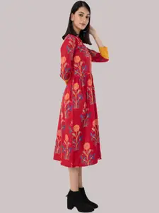 KALINI Women Red & Yellow Ethnic Motifs Printed Floral Cotton A-line Kurta
