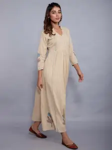 KALINI Women Beige Floral Printed Thread Work Kurta