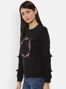 Van Heusen Woman Women Black Floral Printed Sweatshirt with Ruffle Detail