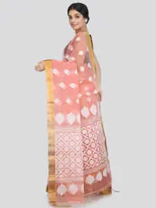 PinkLoom Peach-Coloured & White Ethnic Motifs Zari Silk Blend Saree