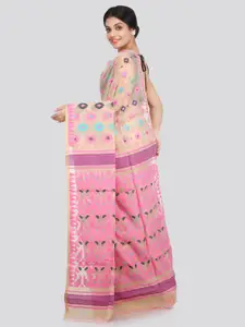 PinkLoom Beige & Pink Woven Design Pure Cotton Jamdani Saree