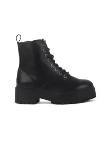 London Rag Women Black High-Top Block Heeled Boots with Cleats