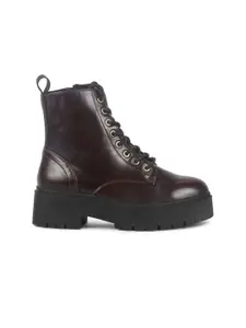 London Rag Women Coffee Brown High-Top Block Heeled Boots with Cleats