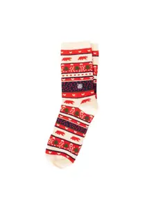 SockSoho Men White & Red Patterned Calf-Length Socks