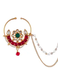 Silvermerc Designs Gold-Plated White & Green Kundan-Studded & Pearls Beaded Nose Ring
