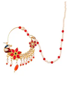 Silvermerc Designs Gold-Plated White & Pink Stone-Studded & Beaded Chained Nose Ring
