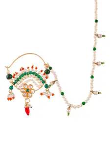 Silvermerc Designs Gold-Plated Stones & Pearl Beaded Mayur Nose Ring