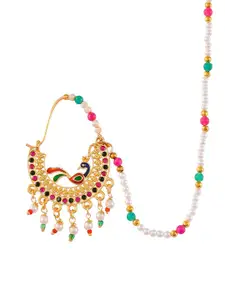 Silvermerc Designs Gold-Plated White & Red Stones-Studded & Beaded Wedding Nose Ring