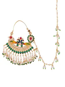 Silvermerc Designs Gold-Plated & White Studded & Beaded Chained Nose Ring