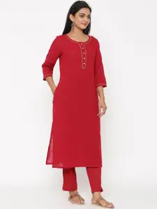 Fusion Threads Women Maroon Zari Work Kurta