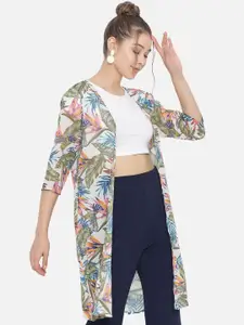 Trend Arrest Women White & Pink Tropical Printed Shrug
