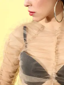 Style Quotient Women Classy Beige Solid Ruched Top