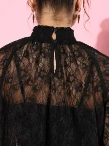 Style Quotient Women Black Self-Design Lacework and Sheer Top