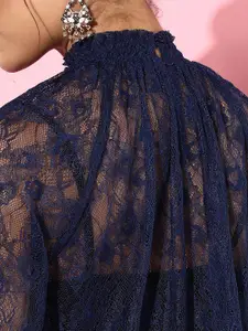 Style Quotient Women Deep Navy Blue Self-Design Lacework and Sheer Top