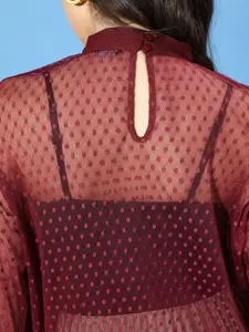 Style Quotient Women Deep Burgundy Self-Design Dobby Weave Top