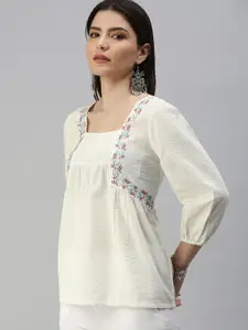 Global Desi White Embroidered Seersucker Top
