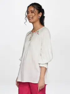 Global Desi Women White Floral Embroidered Bishop Sleeves Empire Top