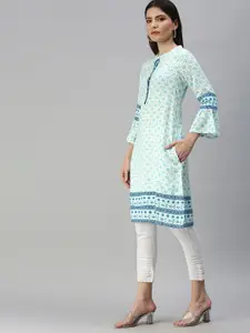 Global Desi Women White & Blue Geometric Printed Bell Sleeves Kurta