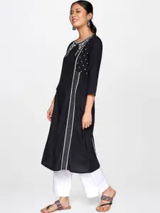 Global Desi Women Black & White Ethnic Motifs Embroidered Thread Work Kurta