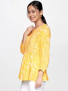 Global Desi Yellow & White Floral Print Gathered Top