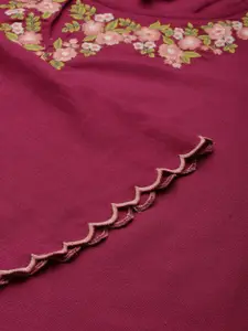 Global Desi Women Maroon Floral Printed Keyhole Neck Flared Sleeves Thread Work Kurta