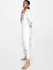 Global Desi Women White & Blue Ethnic Motifs Printed Keyhole Neck Thread Work Kurta