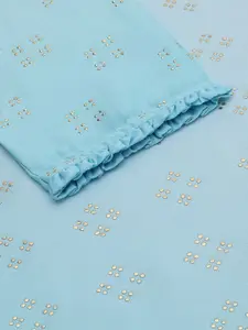 Global Desi Women Light Blue Tie-Up Neck Woven Design Kurta