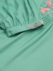 Global Desi Women Green & Pink Embroidered Keyhole Neck Top