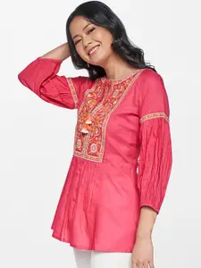 Global Desi Pink Floral Embroidered Top