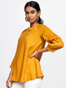 Global Desi Mustard Yellow Keyhole Neck Bishop Sleeves Blouson Top