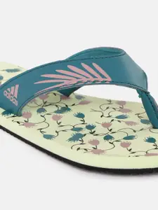 ADIDAS Women Green & Pink Leaf Print Thong Flip-Flops
