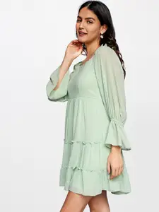 AND Women Mint Green Solid Tiered Fit & Flare Dress