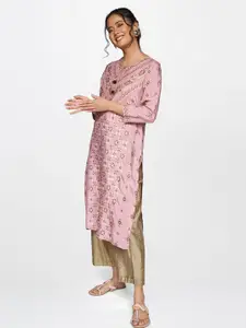 Global Desi Women Rose & Burgundy Ethnic Motifs Keyhole Neck Kurta